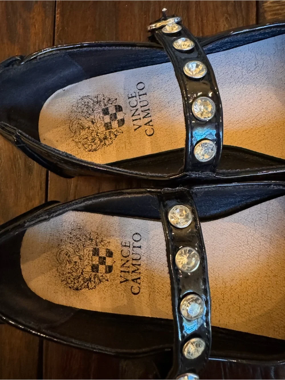 Vince Camuto Black Patent Mary Jane Flats with Crystal Strap